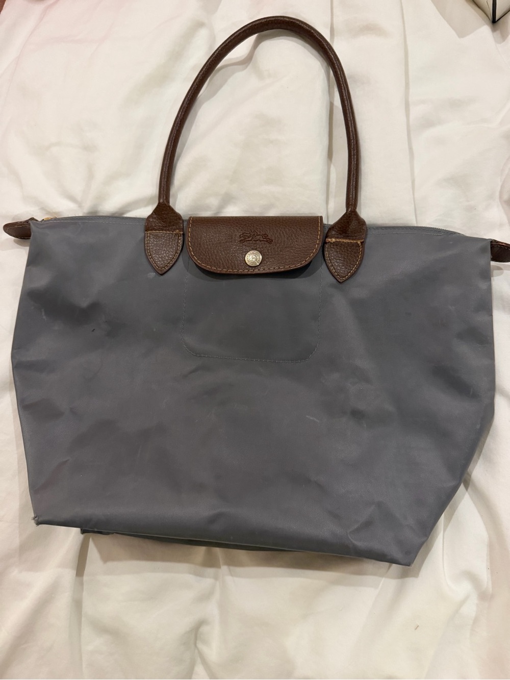 Longchamp Le Pliage Tote Bag in Grey with Brown Trim MEDIUM
